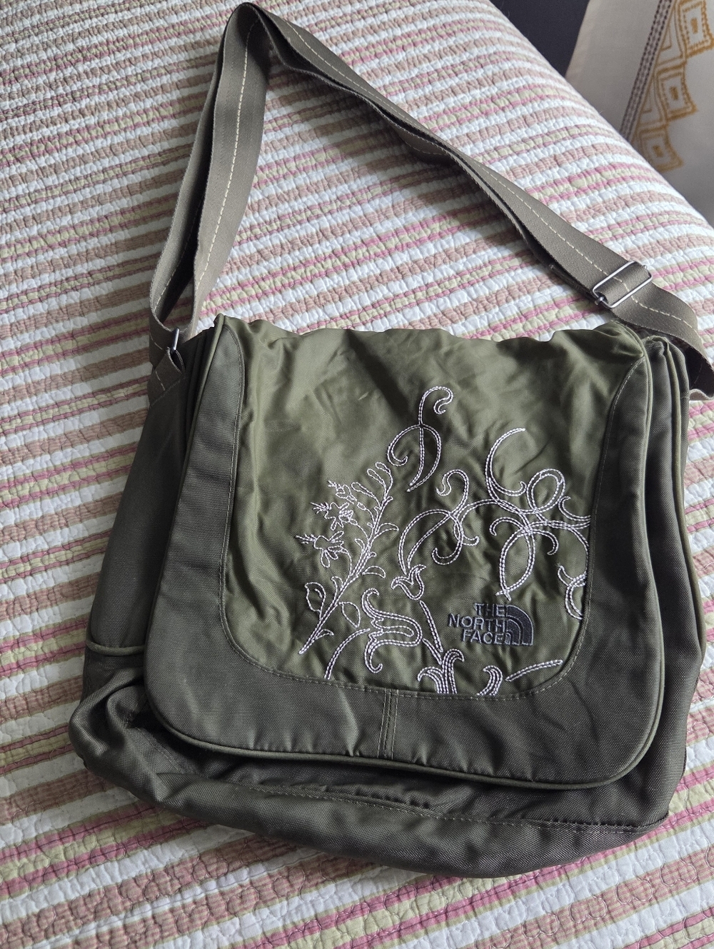 The North Face Olive Green Floral-Embroidered Messenger Bag